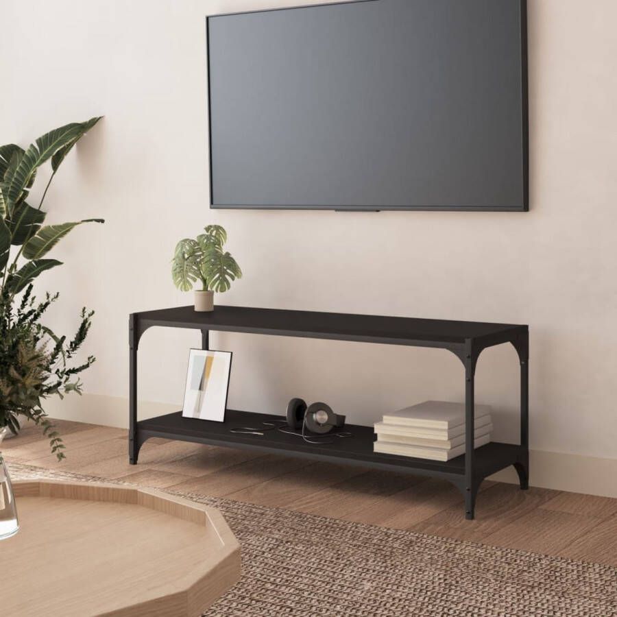 The Living Store tv-meubel Industrieel 100 x 33 x 41 cm Duurzaam bewerkt hout en staal zwart - Foto 2