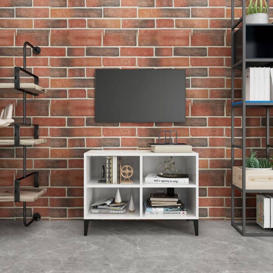 The Living Store tv-meubel industrieel design 69.5x30x50cm hoogglans wit met 4 poten 4 vakken montageset voor wandmontage - Foto 2