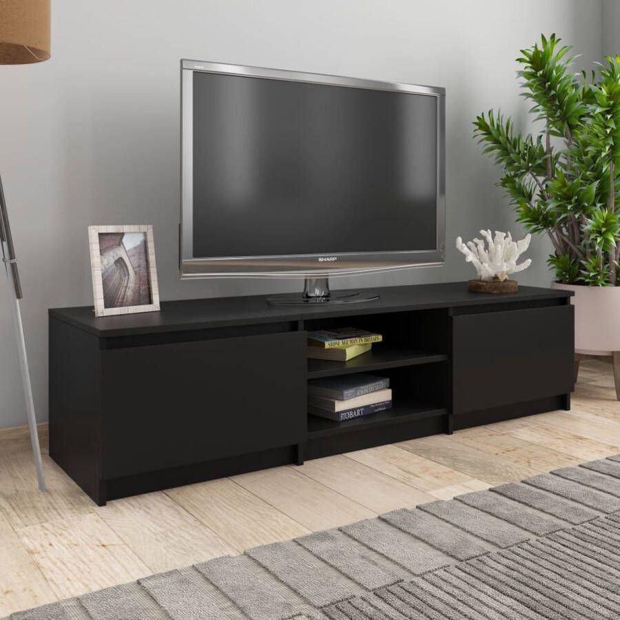 The Living Store TV-meubel Klassiek Houten TV-standaard Zwart 140 x 40 x 35 5 cm Met 2 Deuren en 2 Open Vakken