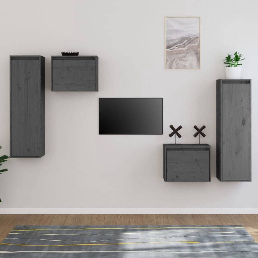 The Living Store Wandmeubel Grijs Massief grenenhout 2x TV-meubel 45x30x35cm 2x TV-meubel 30x30x100cm - Foto 2