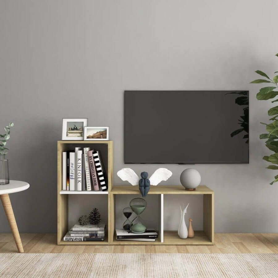 The Living Store TV-meubel klassiek ontwerp 72 x 35 x 36.5 cm wit en sonoma eiken - Foto 2