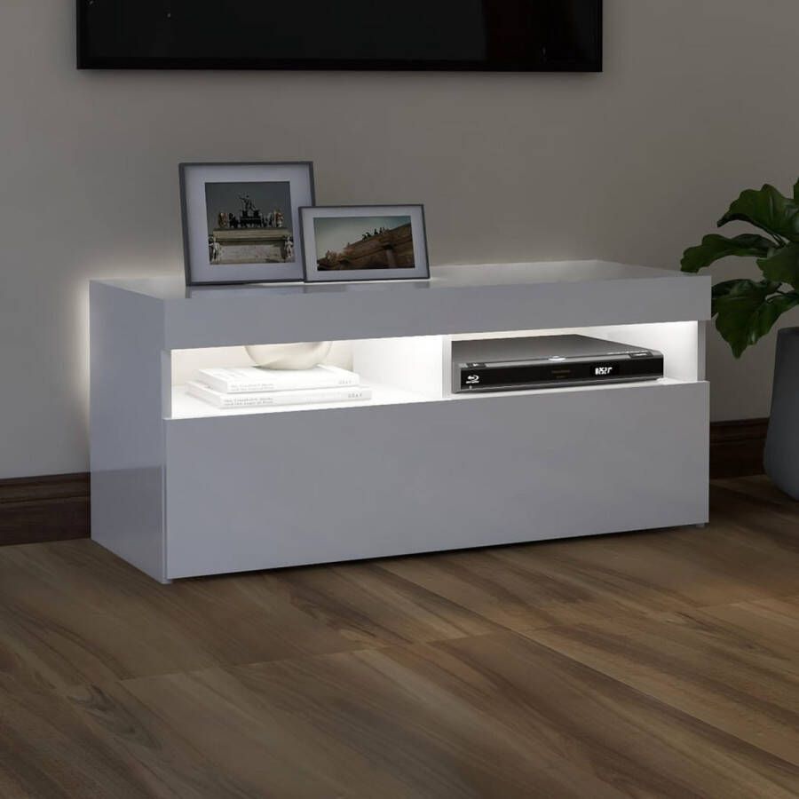 The Living Store Tv-meubel Hifi-kast 90 x 35 x 40 cm Hoogglans wit RGB LED-verlichting - Foto 2