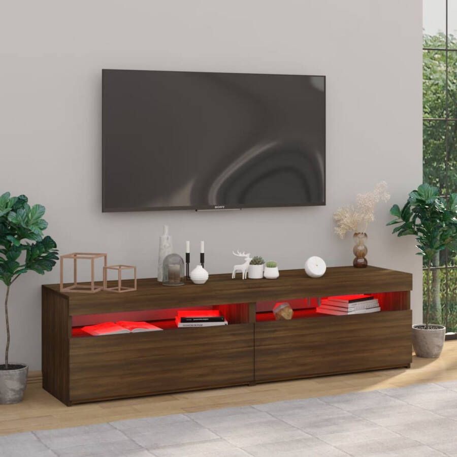 The Living Store tv-meubel mediakasten set van 2 75x35x40 cm bruineiken RGB LED-verlichting - Foto 2