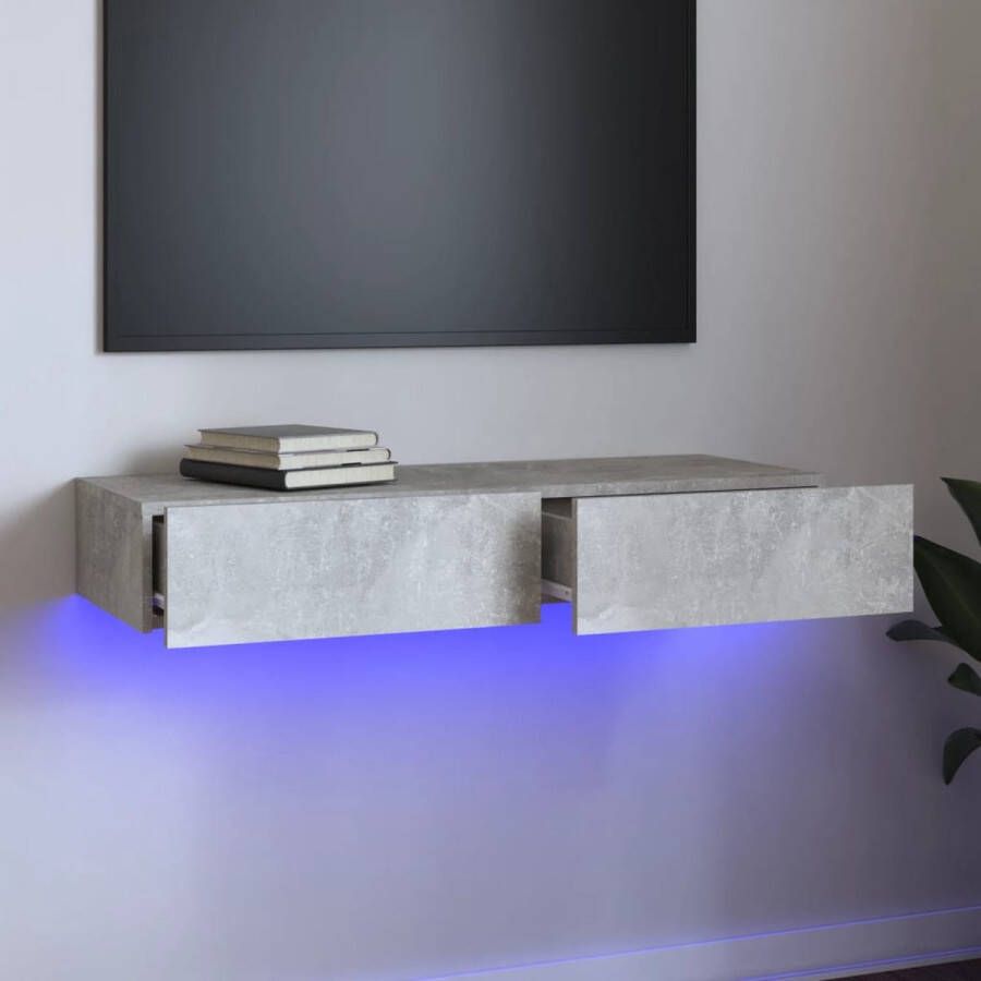 The Living Store Tv-meubel met LED-verlichting 90x35x15-5 cm betongrijs Kast - Foto 2