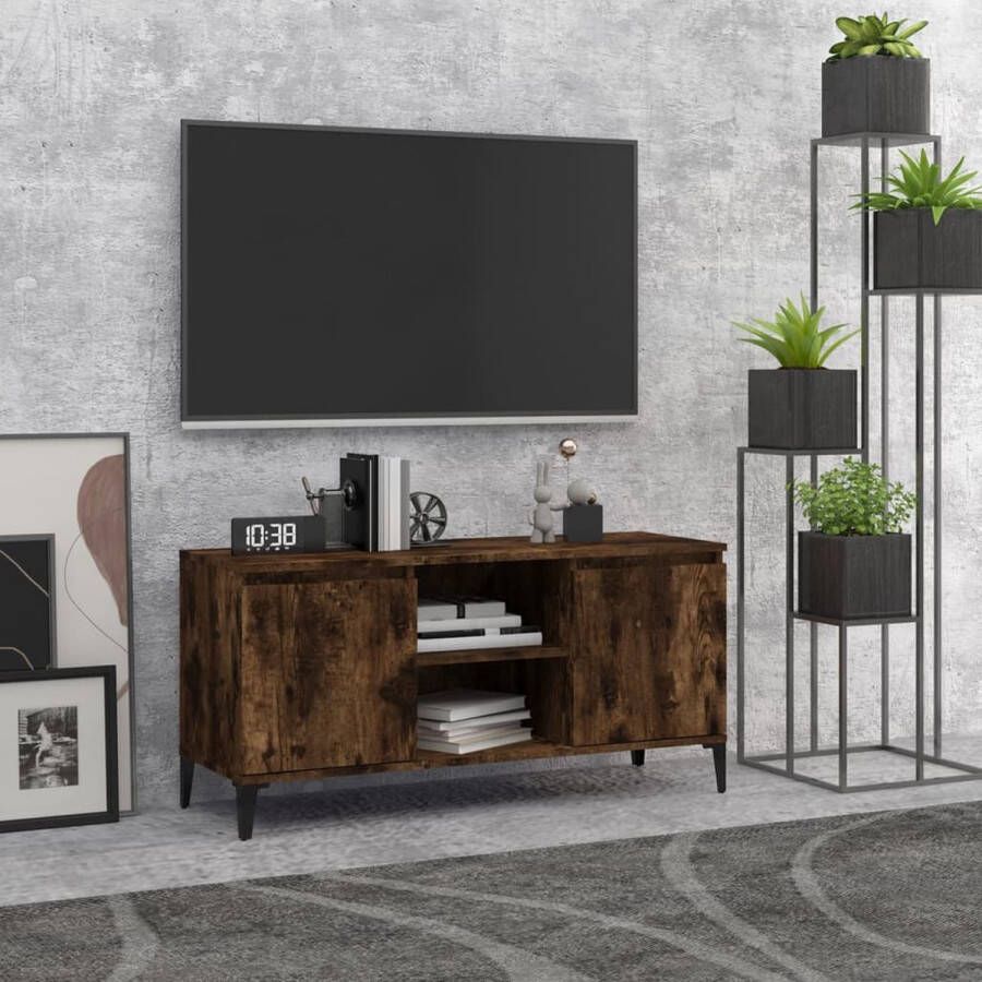 The Living Store Tv-meubel Gerookt eiken 103.5x35x50 cm Stabiel en stevig 2 schappen en 2 vakken - Foto 2