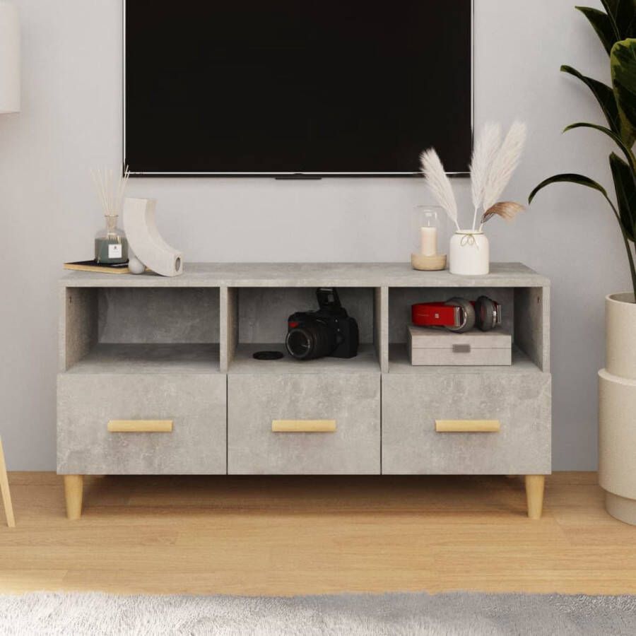 The Living Store TV-meubel Betongrijs 102 x 36 x 50 cm Bewerkt hout en massief eucalyptushout - Foto 2