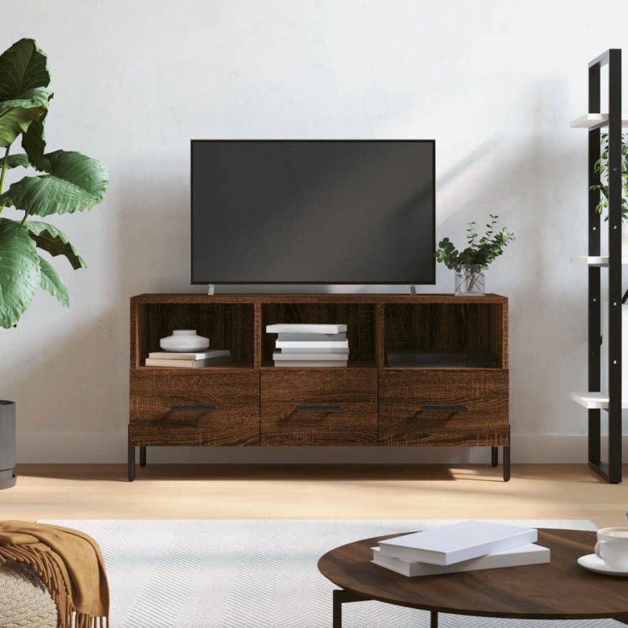 The Living Store TV-meubel Modern Bruineiken 102 x 36 x 50 cm Bewerkt hout en ijzer - Foto 2
