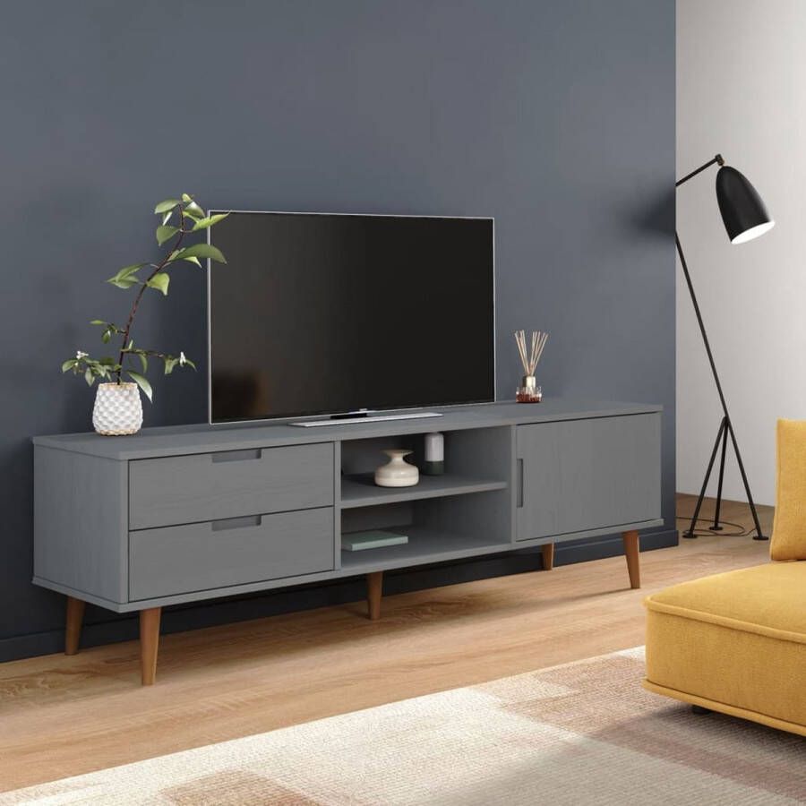 The Living Store Tv-meubel MOLDE 158x40x49 cm massief grenenhout grijs Kast - Foto 2