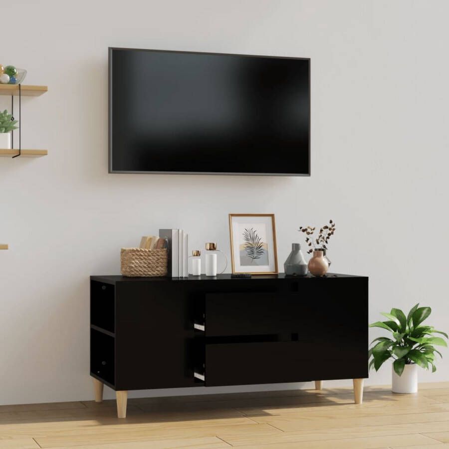 The Living Store TV-meubel Scandinavische stijl 102 x 44.5 x 50 cm zwart hout - Foto 2