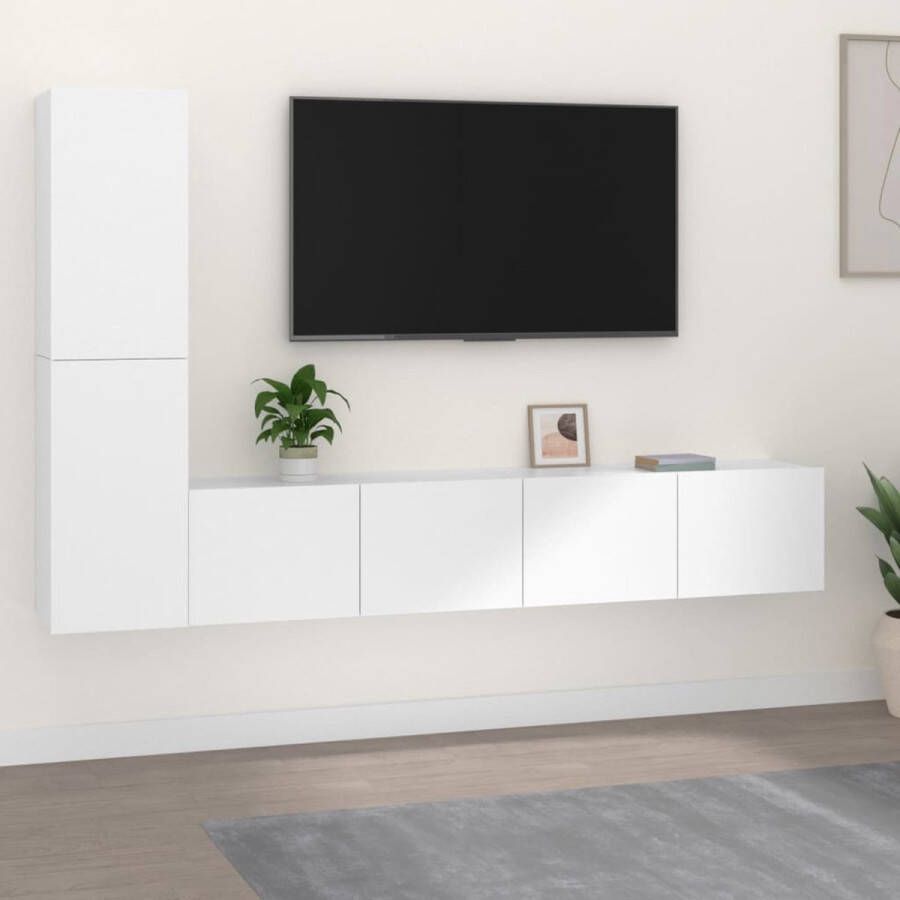 The Living Store vidaXL 4-delige Tv-meubelset bewerkt hout wit TV-meubel Tv Stand Houten Tv-stand Wit Tv-meubel Wandmontage Tv-meubel - Foto 3