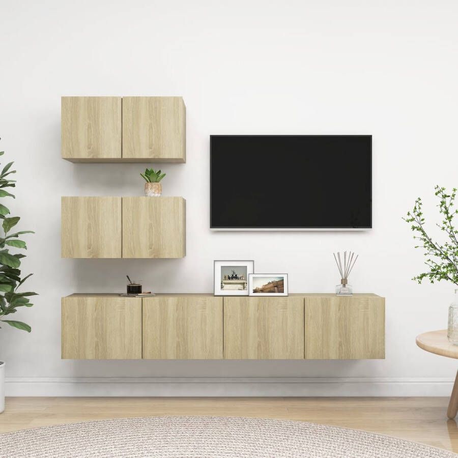 The Living Store TV meubel set hangend spaanplaat modern design veel opbergruimte sonoma eiken 2x 60x30x30cm 2x 80x30x30cm - Foto 2