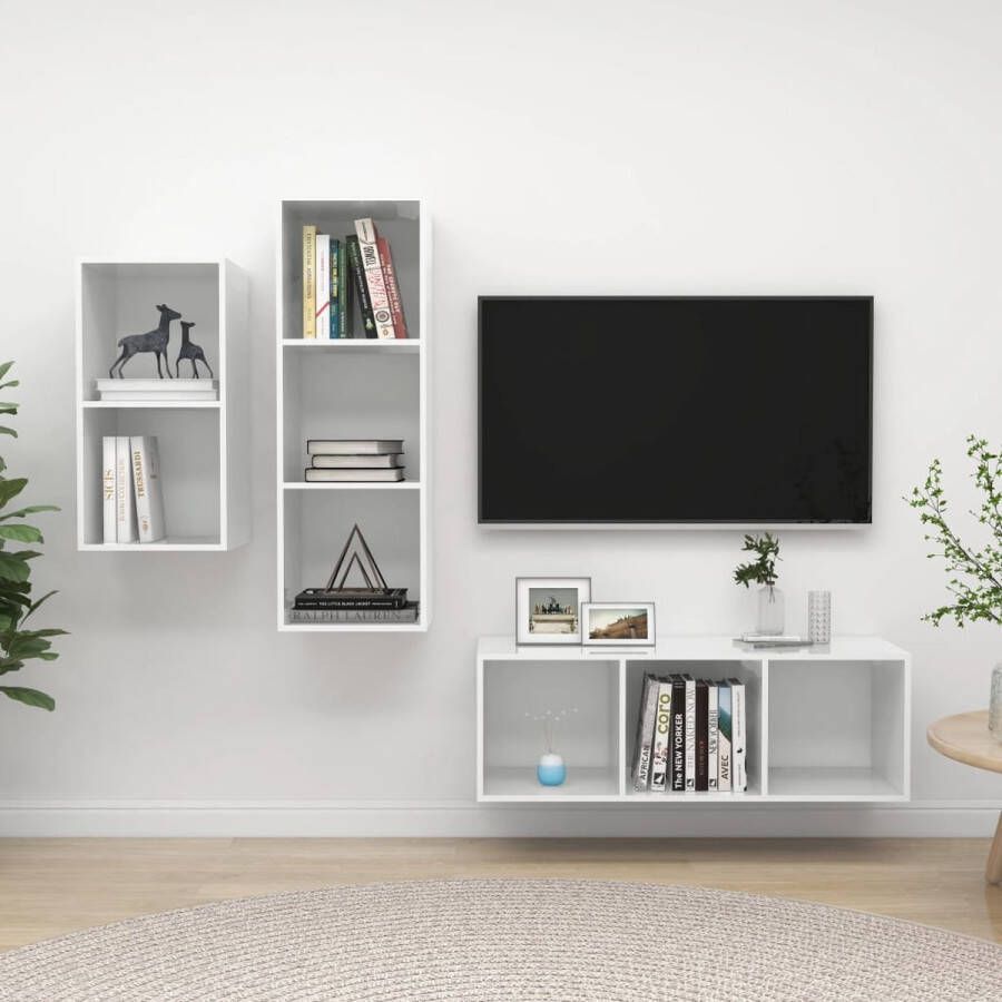 The Living Store TV-meubel set hoogglans wit 1x 37x37x72cm + 2x 37x37x107cm spaanplaat - Foto 2