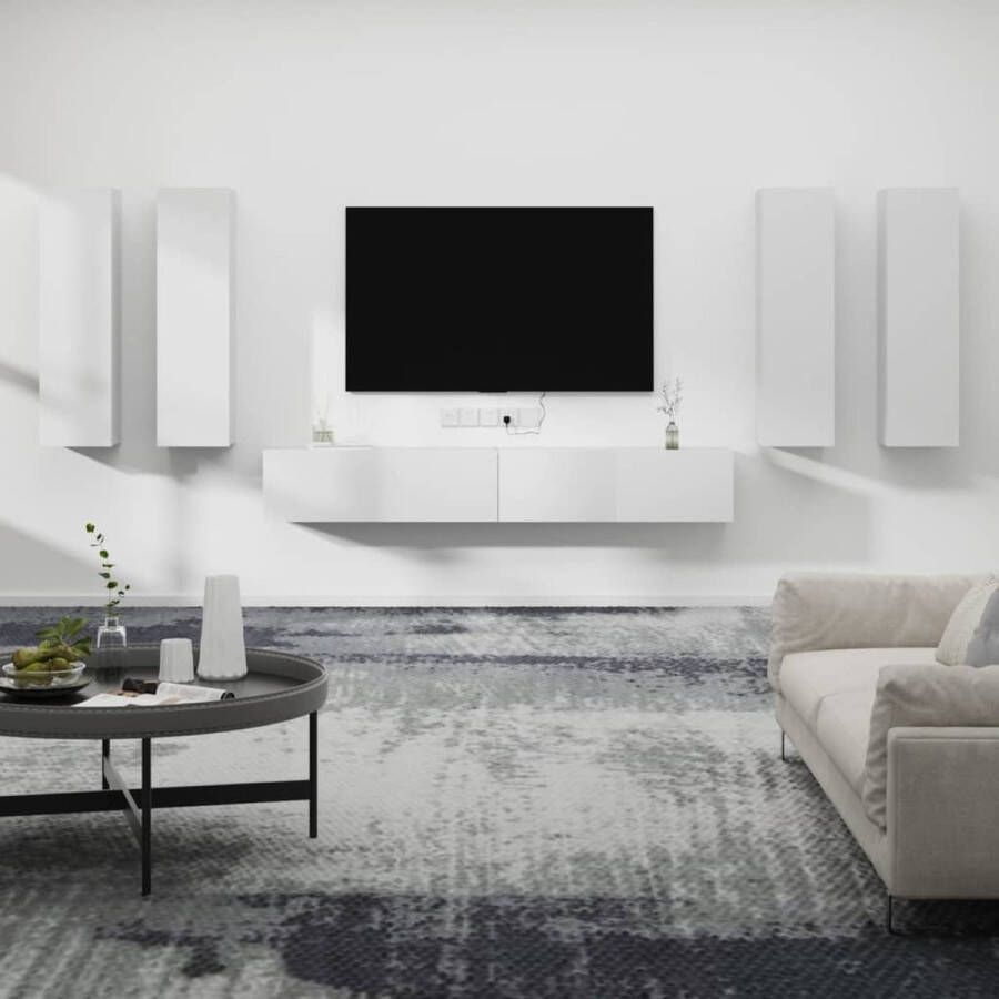 The Living Store TV-meubel Set Klassiek design Bewerkt hout Wit 6 stuks - Foto 2