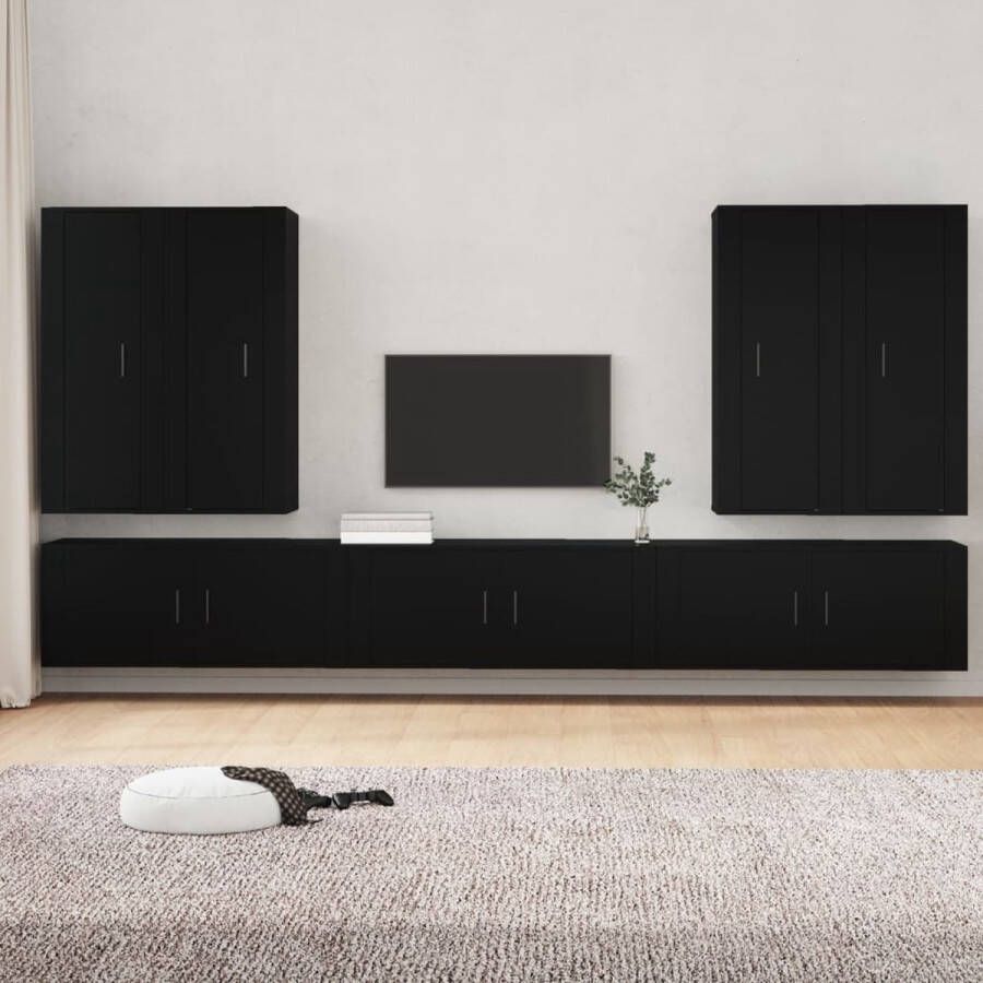 The Living Store TV-meubel set klassiek ontwerp bewerkt hout 4x 40x34.5x100cm + 3x 100x34.5x40cm zwart - Foto 2