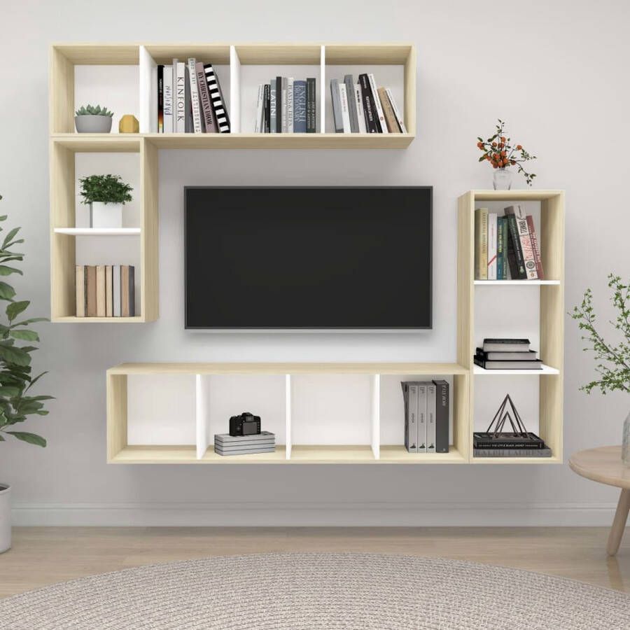 The Living Store Televisiewandmeubelset onbekend Tv-meubel 37 x 37 x 72 cm 37 x 37 x 107 cm 37 x 37 x 142.5 cm Kleur- wit en sonoma eiken Materiaal- spaanplaat Montage vereist - Foto 2