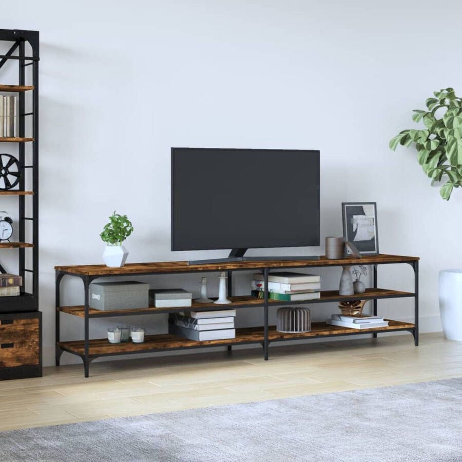 The Living Store Tv-meubel 200x30x50 cm bewerkt hout metaal gerookt eikenkleurig TV-meubel Houten TV-meubel Bruine TV-stand Tv Kast Salontafel - Foto 2