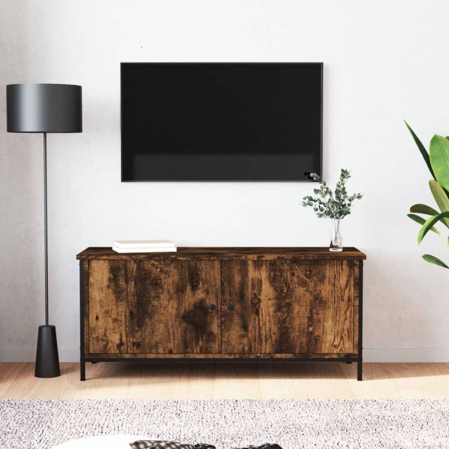 The Living Store TV-meubel Smoked Oak Trendy ontwerp Duurzaam hout Voldoende opbergruimte Stevig blad Praktische deuren Metalen voeten 102x35x45 cm - Foto 2