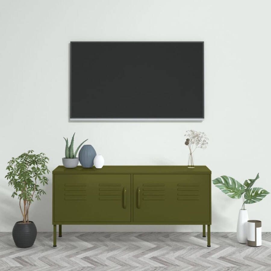 The Living Store TV-meubel Staal 105x35x50 cm 2 deuren Olijfgroen verstelbare hoogte 100 kg draagvermogen - Foto 2