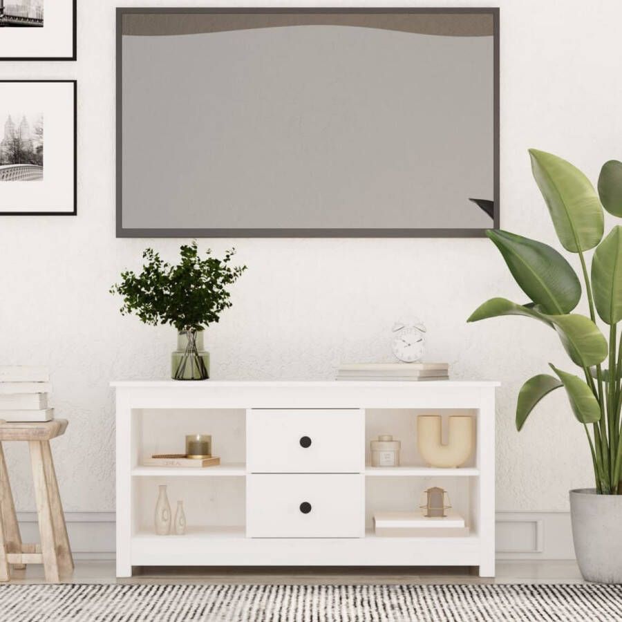 The Living Store TV-meubel Trendy design Massief grenenhout Stabiel frame Voldoende opbergruimte Display functie Wandmontage Wit 103 x 36.5 x 52 cm - Foto 2