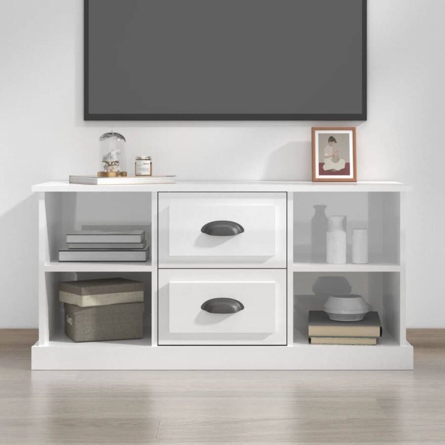 The Living Store TV-meubel Trendy en praktisch Opbergruimte- 4 open vakken en 2 lades 99.5 x 35.5 x 48 cm Kleur- Hoogglans wit Materiaal- Bewerkt hout - Foto 2