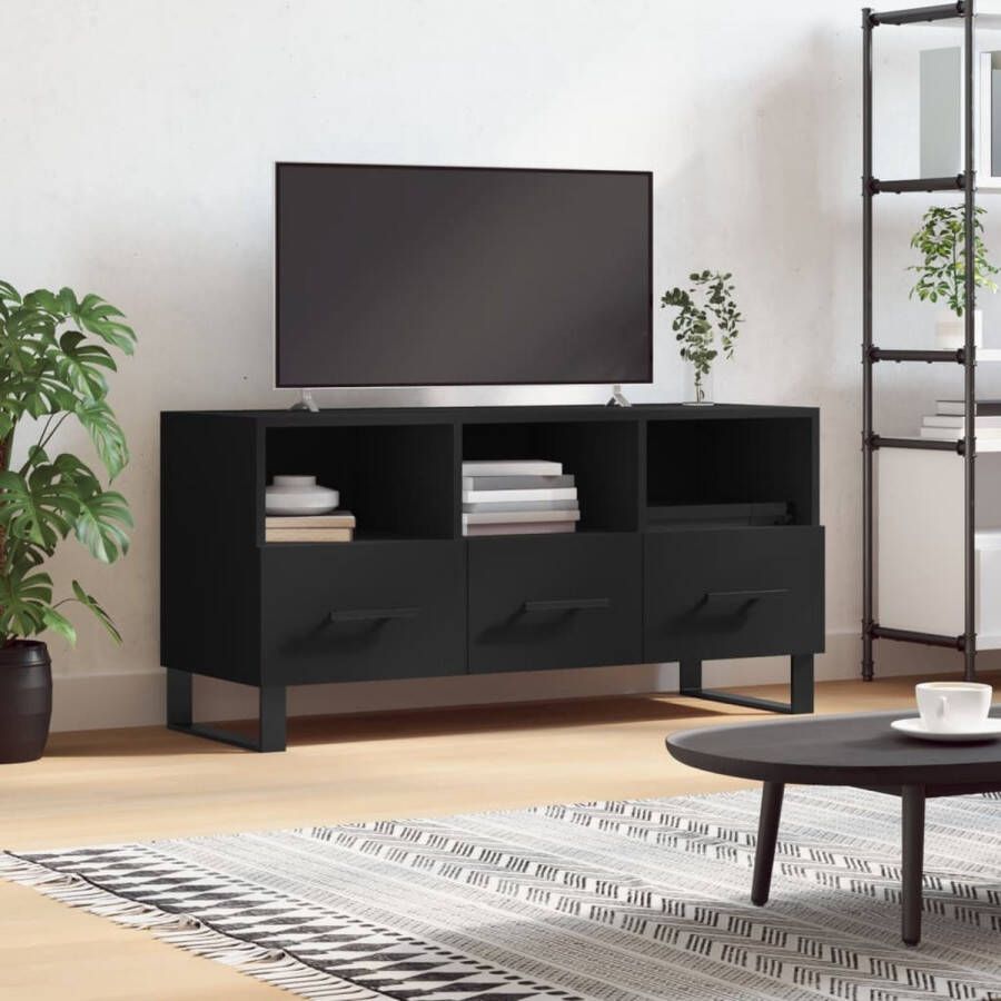The Living Store Tv-meubel Trendy en praktisch Televisiekast Afmetingen- 102 x 36 x 50 cm Kleur- Zwart Materiaal- Bewerkt hout en ijzer - Foto 2