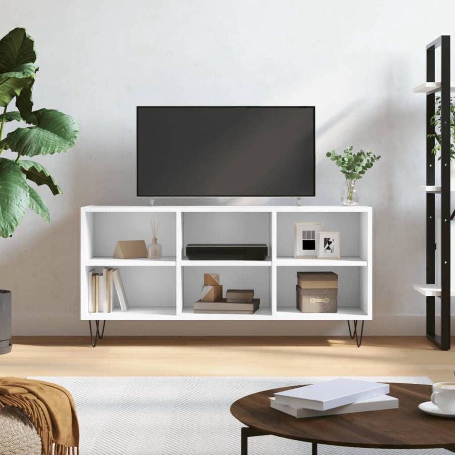 The Living Store TV-meubel TV-kast 103.5 x 30 x 50 cm wit bewerkt hout en ijzer - Foto 2