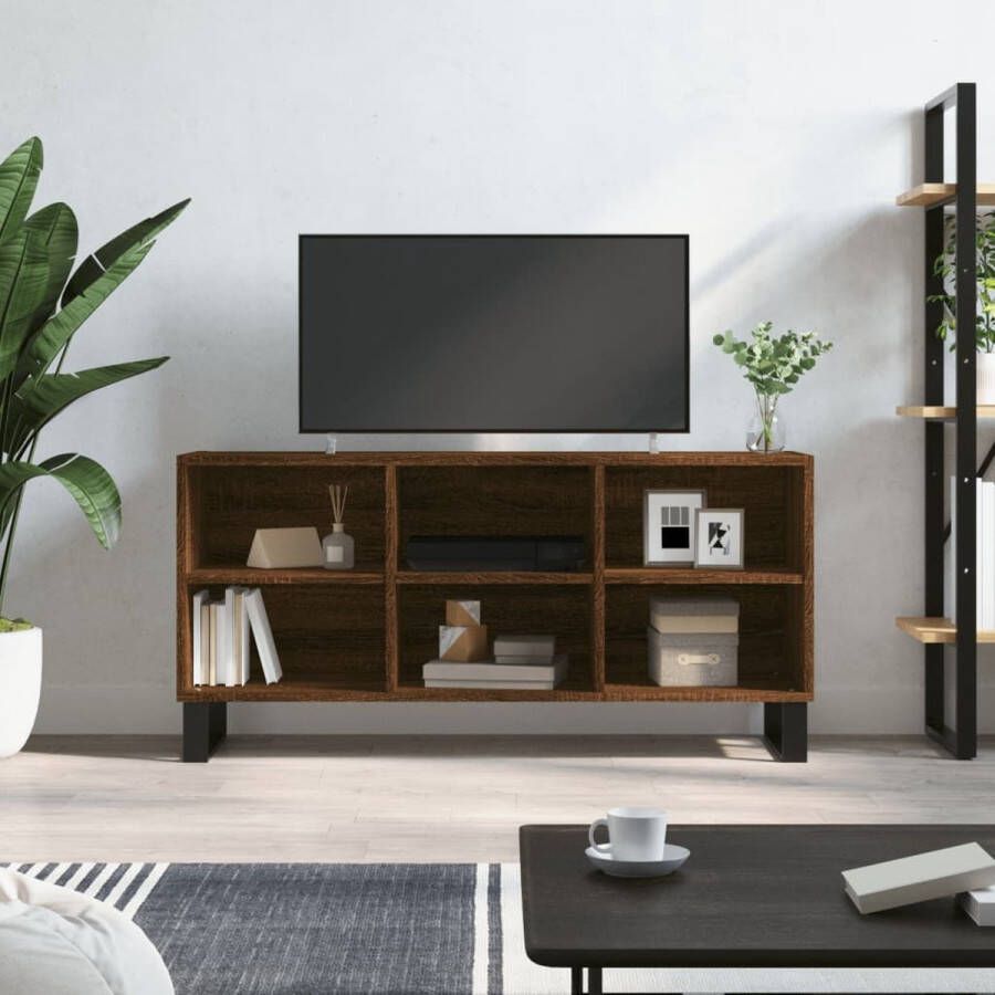 The Living Store Tv-meubel Bruineiken 103.5 x 30 x 50 cm opbergruimte stabiel tafelblad ijzeren poten - Foto 3