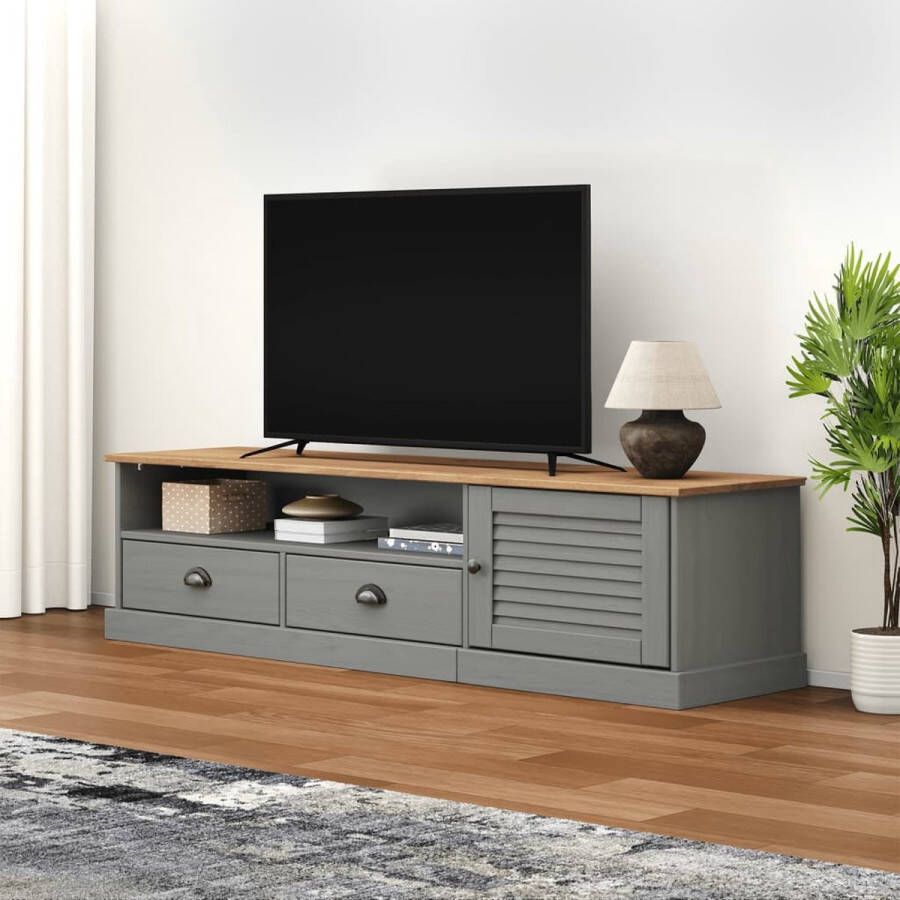 The Living Store Tv-meubel VIGO 156x40x40 cm massief grenenhout grijs Kast - Foto 2