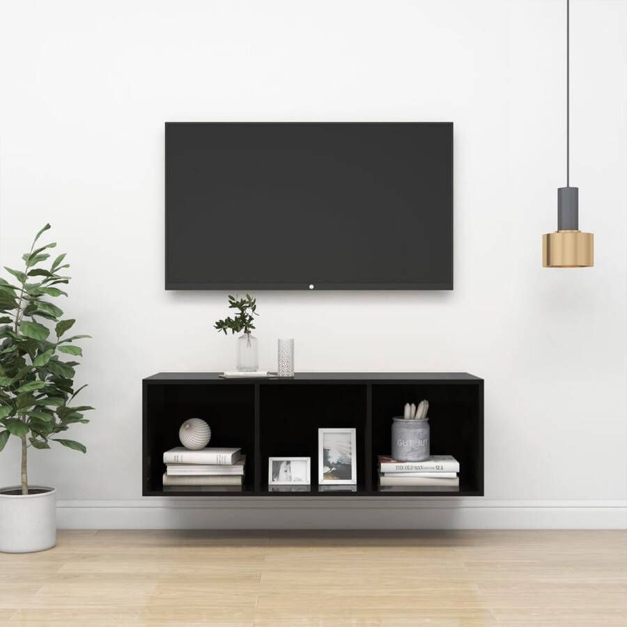 The Living Store TV-meubel Wandmontage Hoogglans zwart 37 x 37 x 107 cm 3 vakken - Foto 2