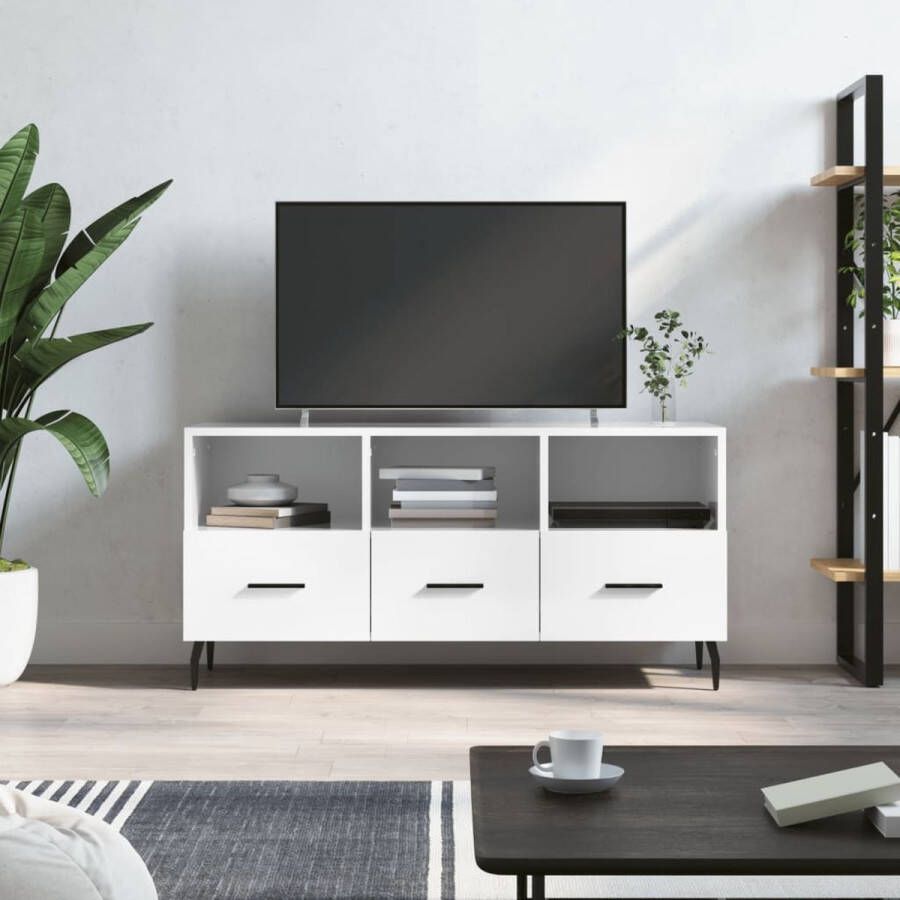 The Living Store TV-meubel hoogglans wit bewerkt hout ijzer 102 x 36 x 50 cm opberger - Foto 4