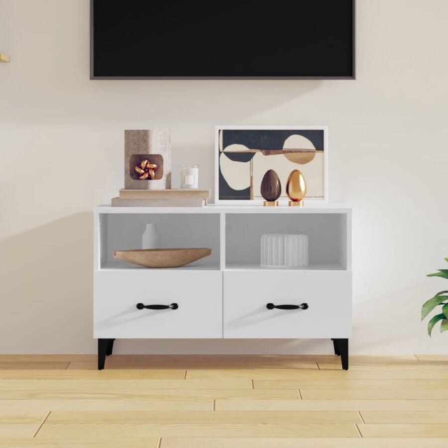 The Living Store TV-meubel wit bewerkt hout 80x36x50 cm hoge kwaliteit - Foto 4