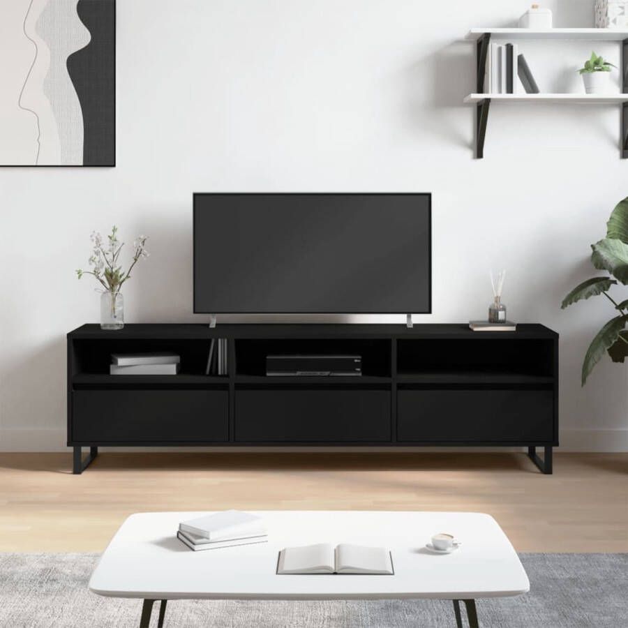 The Living Store TV-meubel zwart 150 x 30 x 44.5 cm opbergruimte bewerkt hout en ijzer - Foto 2