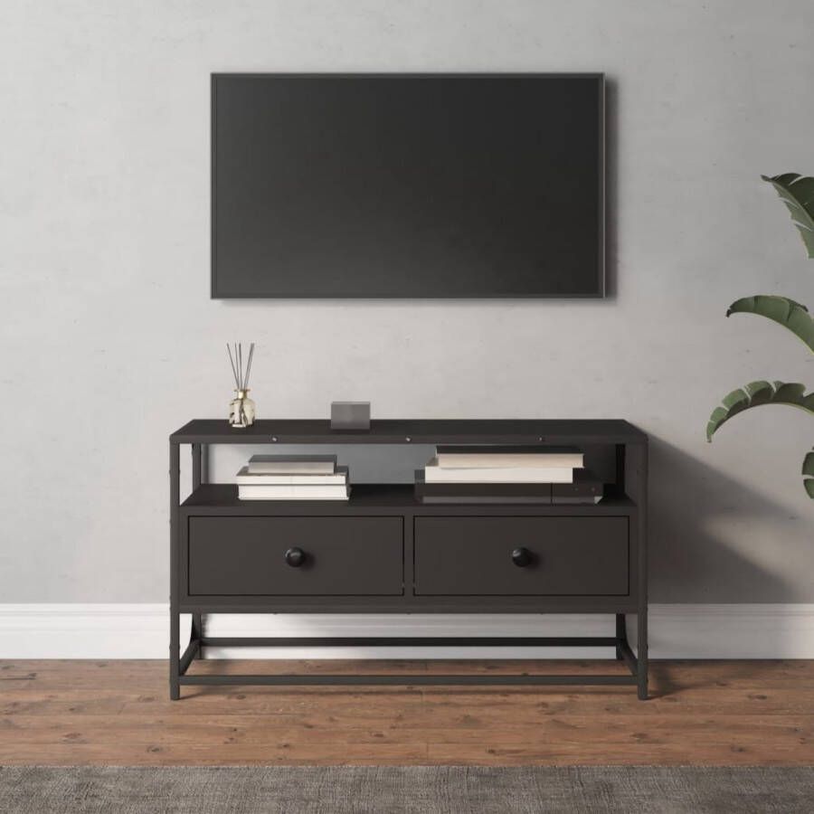 The Living Store TV-meubel Zwart Hout en staal 80 x 35 x 45 cm 2 lades - Foto 2