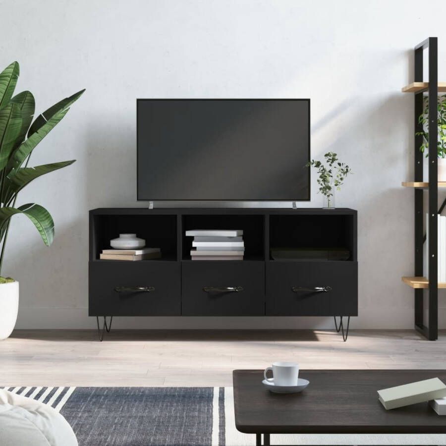 The Living Store TV-meubel Zwarte bewerkte houten kast 102 x 36 x 50 cm - Foto 2