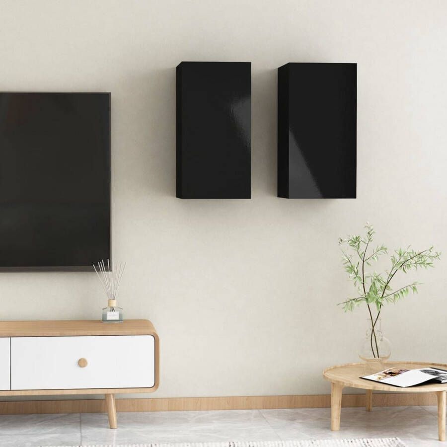The Living Store Tv-meubelen 2 st 30-5x30x60 cm spaanplaat hoogglans zwart Kast - Foto 2