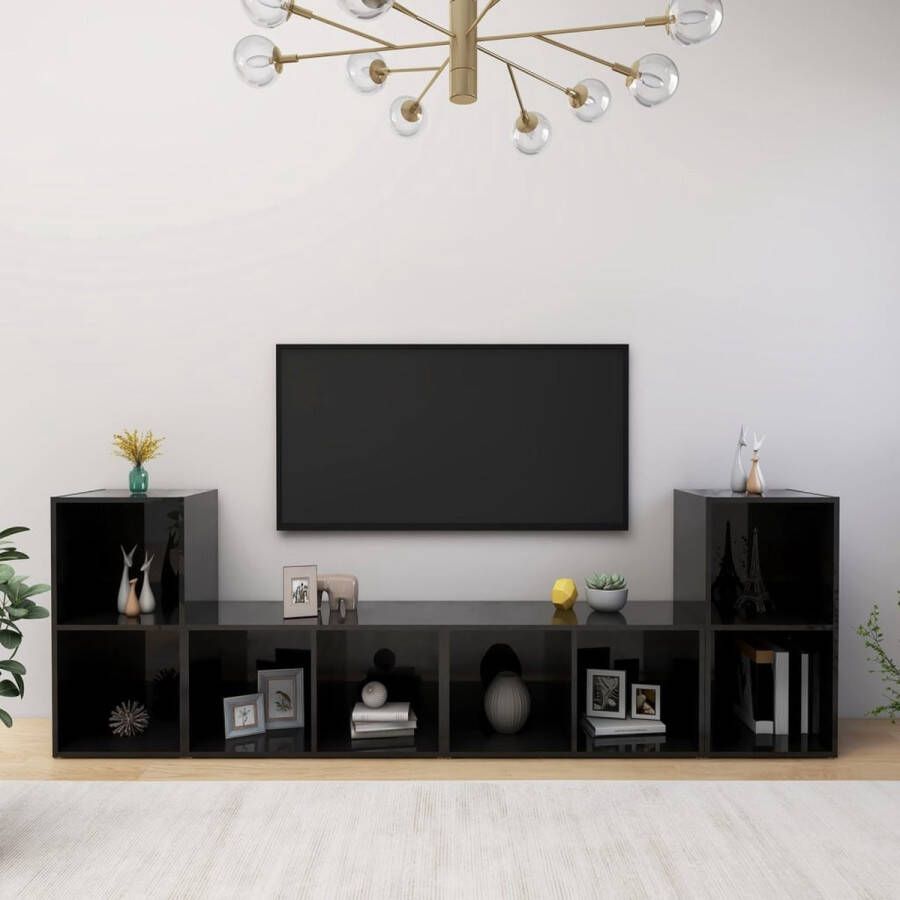 The Living Store Tv-meubelen 4 st 72x35x36-5 cm spaanplaat hoogglans zwart Kast - Foto 2