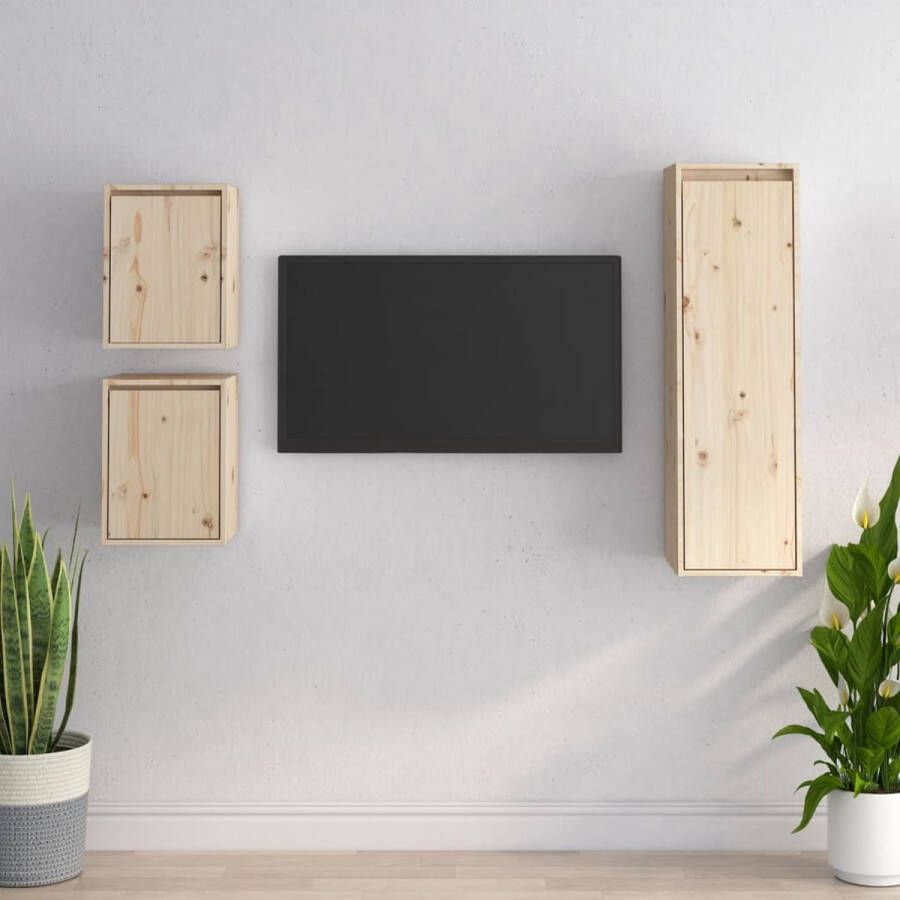 The Living Store TV-meubels Massief grenenhout 2x 30x30x40 cm 1x 30x30x100 cm TV-meubel Houten TV-meubel Grenoblehouten TV-meubel Wandtv-meubel Salontafel - Foto 3