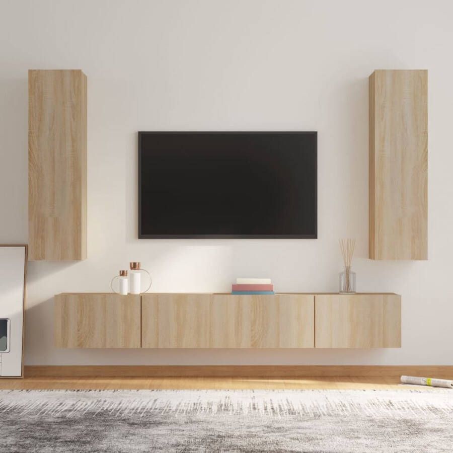 The Living Store TV-meubelset 2x 100x30x30cm 2x 30.5x30x110cm Sonoma Eiken Bewerkt hout - Foto 2