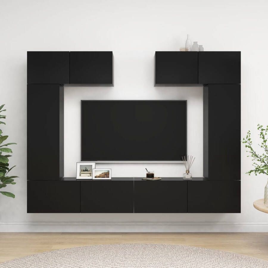 The Living Store Tv-meubelset 6-delige wandmontage 100x30x30cm 30.5x30x90cm 80x30x30cm Zwart Spaanplaat - Foto 2