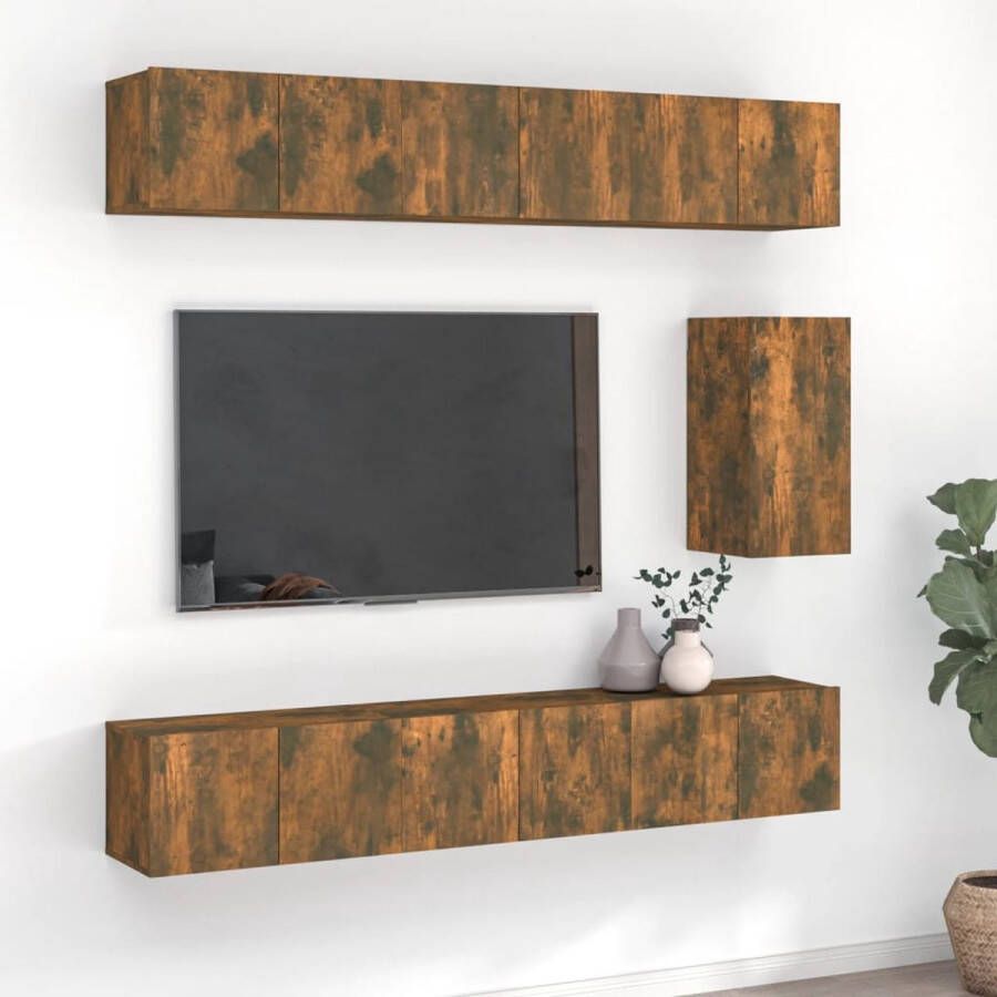 The Living Store Tv-meubelset Classic Bewerkt hout Met 2 deuren Gerookt eiken 60 x 30 x 30 cm - Foto 2