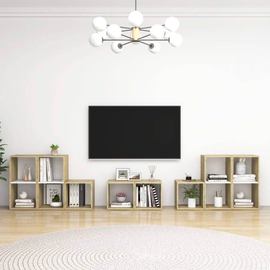 The Living Store TV-meubelset Classique 4x 37x35x37cm 4x 72x35x36.5cm wit sonoma eiken spaanplaat montage vereist - Foto 2