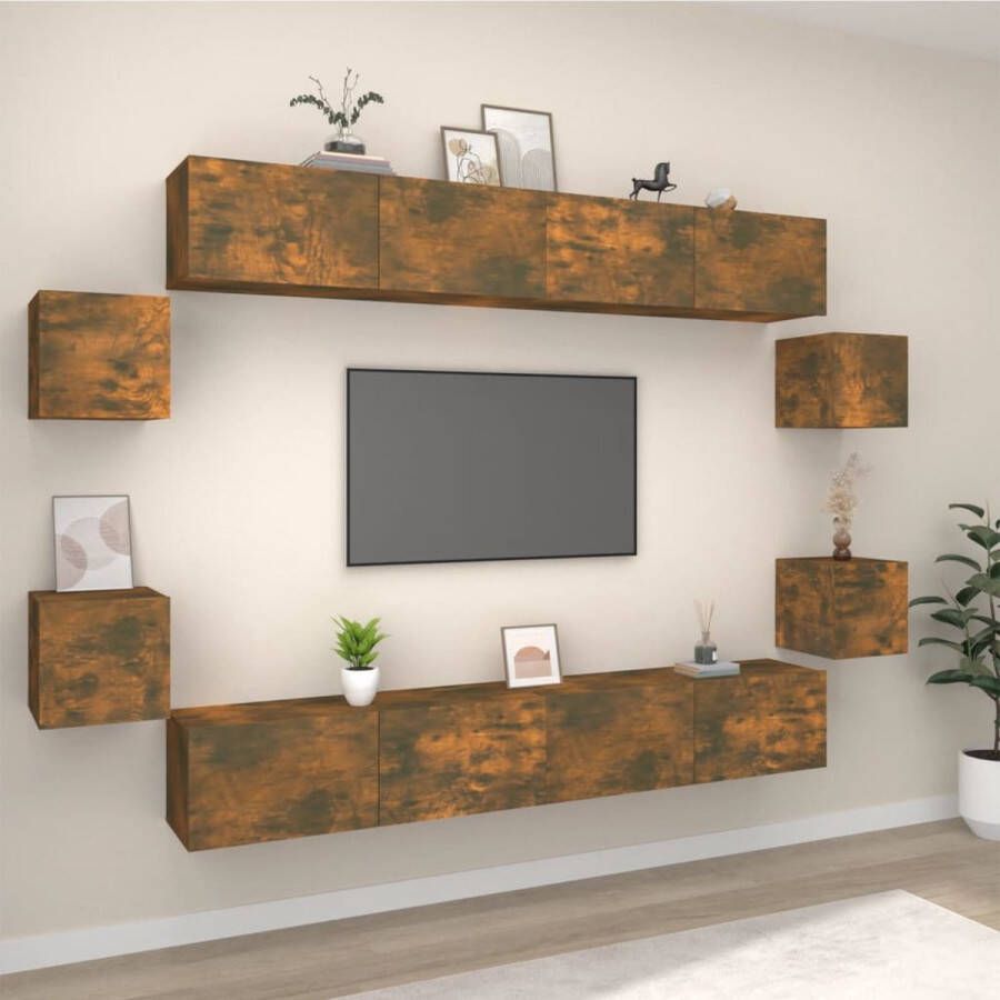 The Living Store TV-meubelset Gerookt eiken 8 stuks 100x30x30cm 30.5x30x30cm Wandgemonteerd - Foto 2