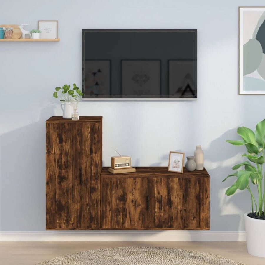 The Living Store TV-Meubelset Gerookt Eiken 80 x 34.5 x 40 cm Wandgemonteerde functie TV-meubel Salontafel Houten Tv Kast Bruine Tv Kast Landelijk Tv Meubel - Foto 3