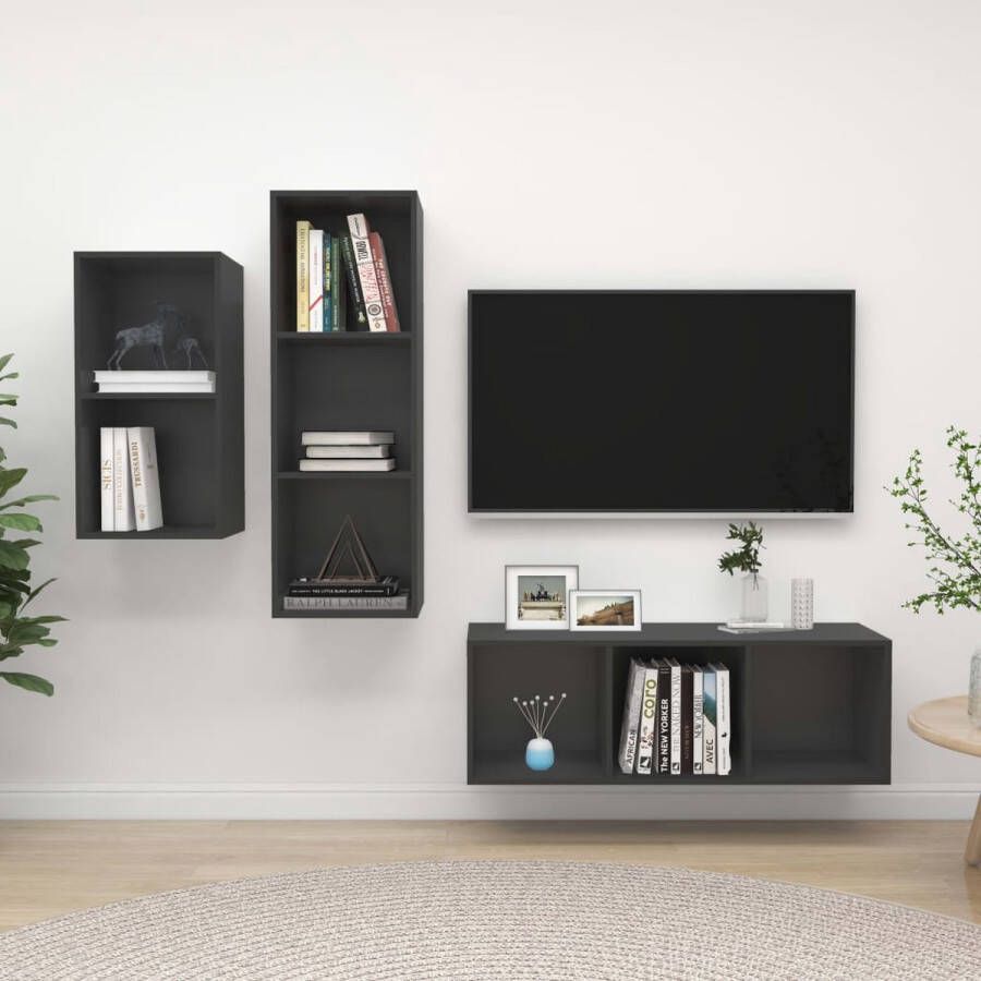 The Living Store TV-meubelset grijs 37 x 37 x 72 cm spaanplaat Tv Meubels Houten Tv Kasten Wandmontage Tv Kast Tv Salontafel Media Kast - Foto 3