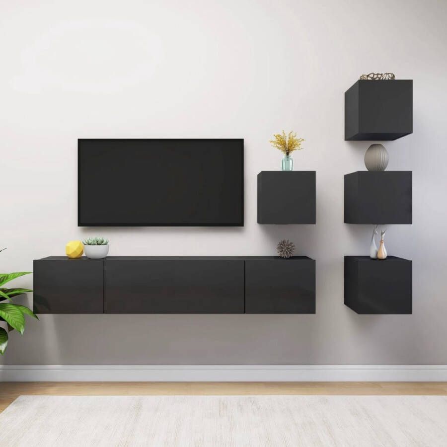 The Living Store Tv-meubelset hangend spaanplaat opbergruimte hoogglans grijs 4x 30.5x30x30cm 2x 80x30x30cm - Foto 2