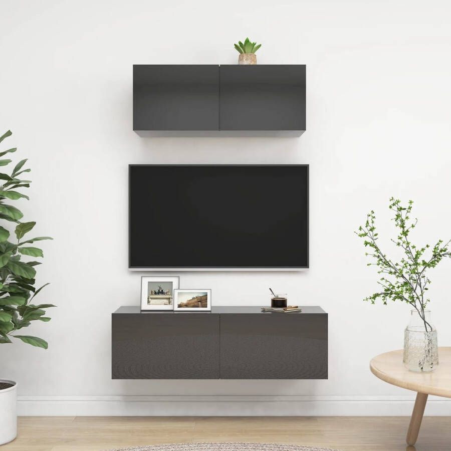 The Living Store Tv-meubelset Hoogglans grijs Spaanplaat 100 x 30 x 30 cm 80 x 30 x 30 cm - Foto 2
