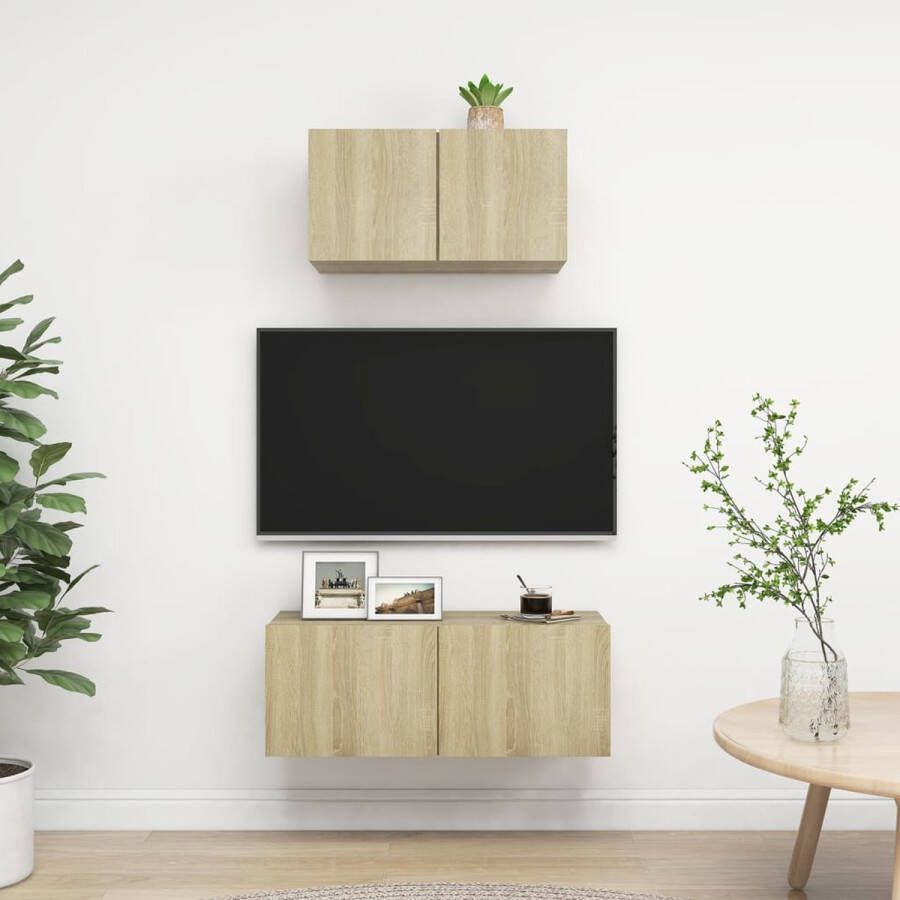 The Living Store TV-meubelset Modern 60 x 30 x 30 cm Sonoma eiken Wandbevestiging Opbergruimte Stereokasten Montage vereist Levering bevat 2x TV-meubel - Foto 2