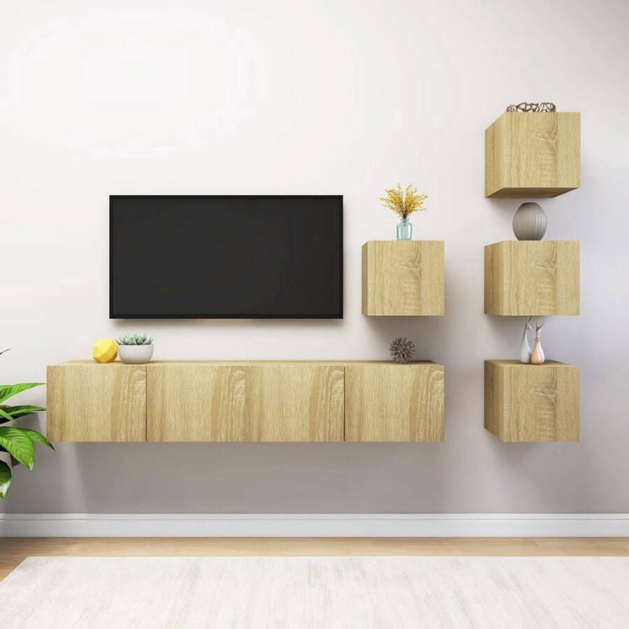 The Living Store TV-meubelset Sonoma Eiken Hangende spaanplaten kasten Verschillende maten Eenvoudig te reinigen Montage vereist Inclusief 4x 30.5x30x30cm 2x 80x30x30cm - Foto 2
