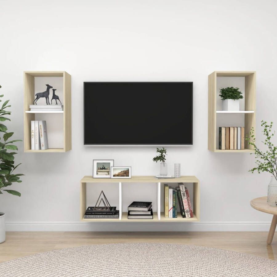 The Living Store TV-meubelset Stereo 37 x 37 x 72 cm 37 x 37 x 107 cm Wit en sonoma eiken Spaanplaat - Foto 2