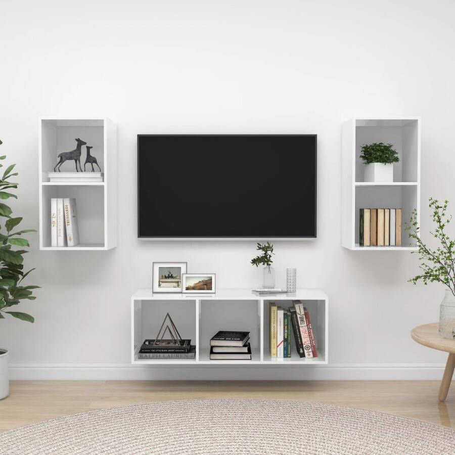 The Living Store TV-meubelset Stereokasten Hoogglans wit 2x 37x37x72 cm 1x 37x37x107 cm - Foto 2